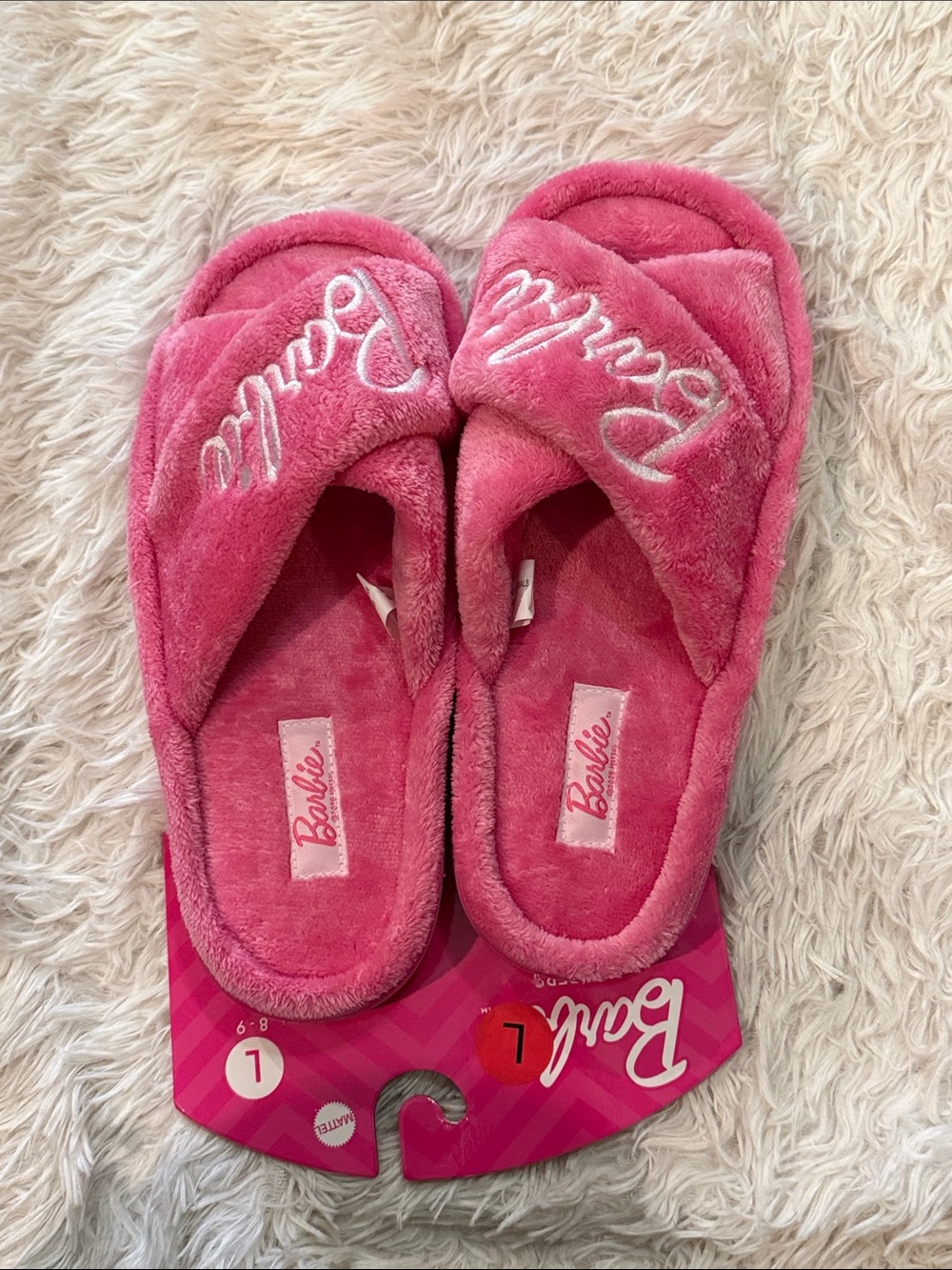Barbie Plush Crossband Slide Slippers - Bright Pink L